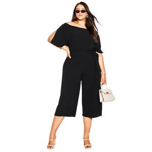 City Chic Black Off Shoulder Crepe Cinched Waist Cropped Culotte Jumpsuit Size M